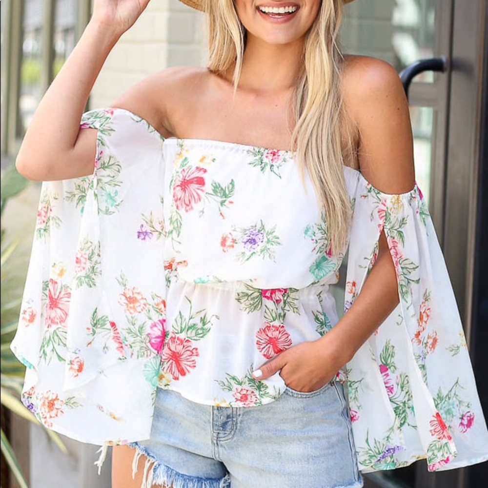 White Floral Off-the-Shoulder Peplum Blouse